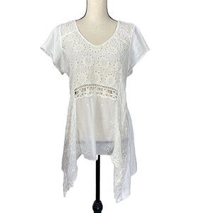 For Love And Liberty White Top Womens M Sharkbite Hem Embroidery Johnny Was